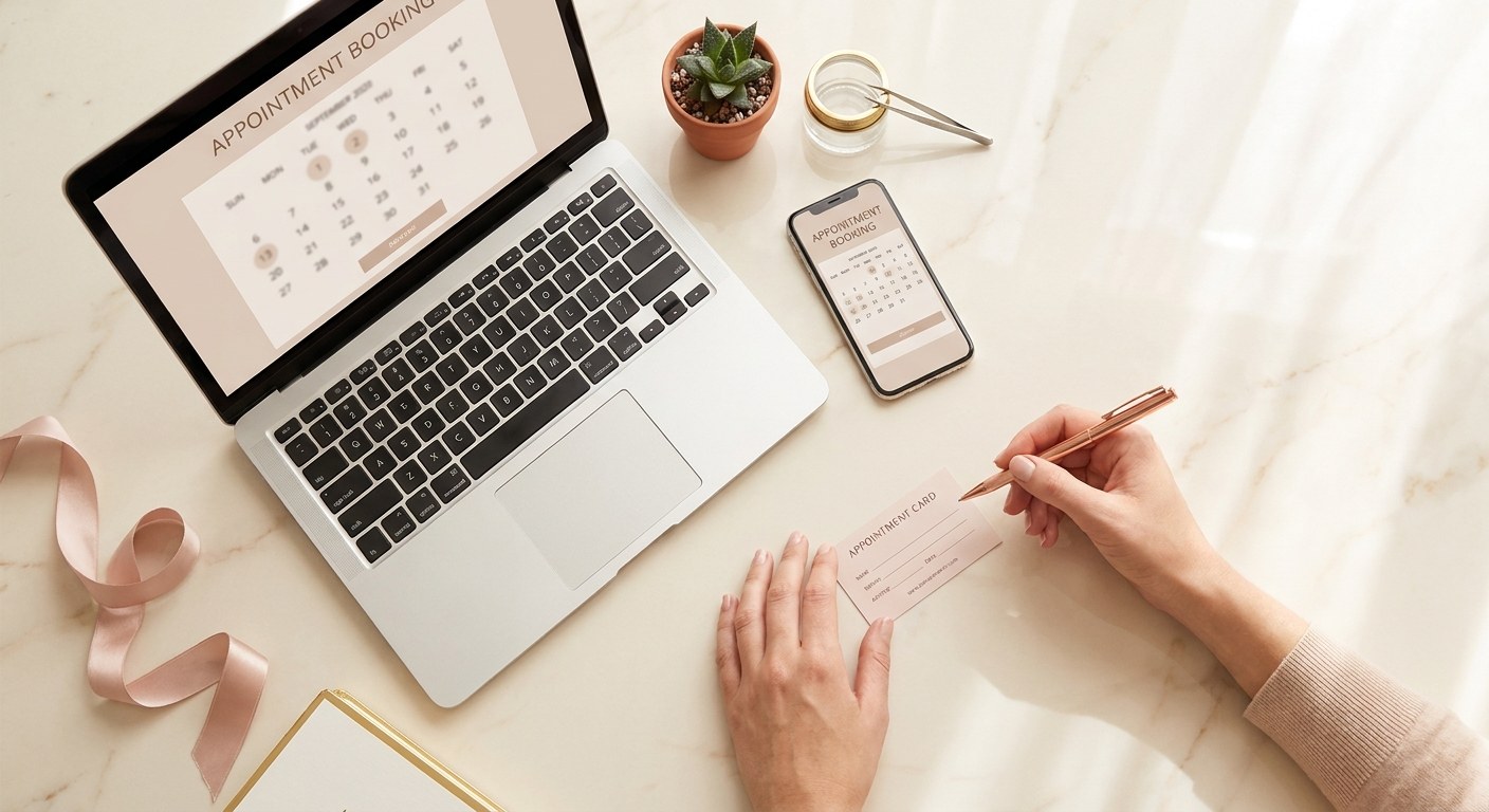 Overhead flat lay of a laptop and phone showing a lash studio online booking calendar