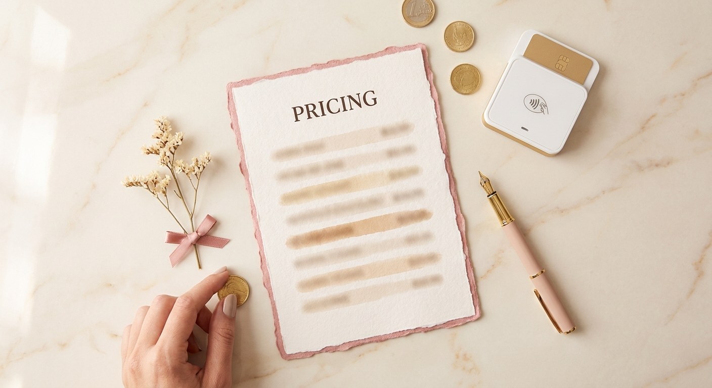 Flat lay of an elegant lash extension pricing card with coins and a card payment reader