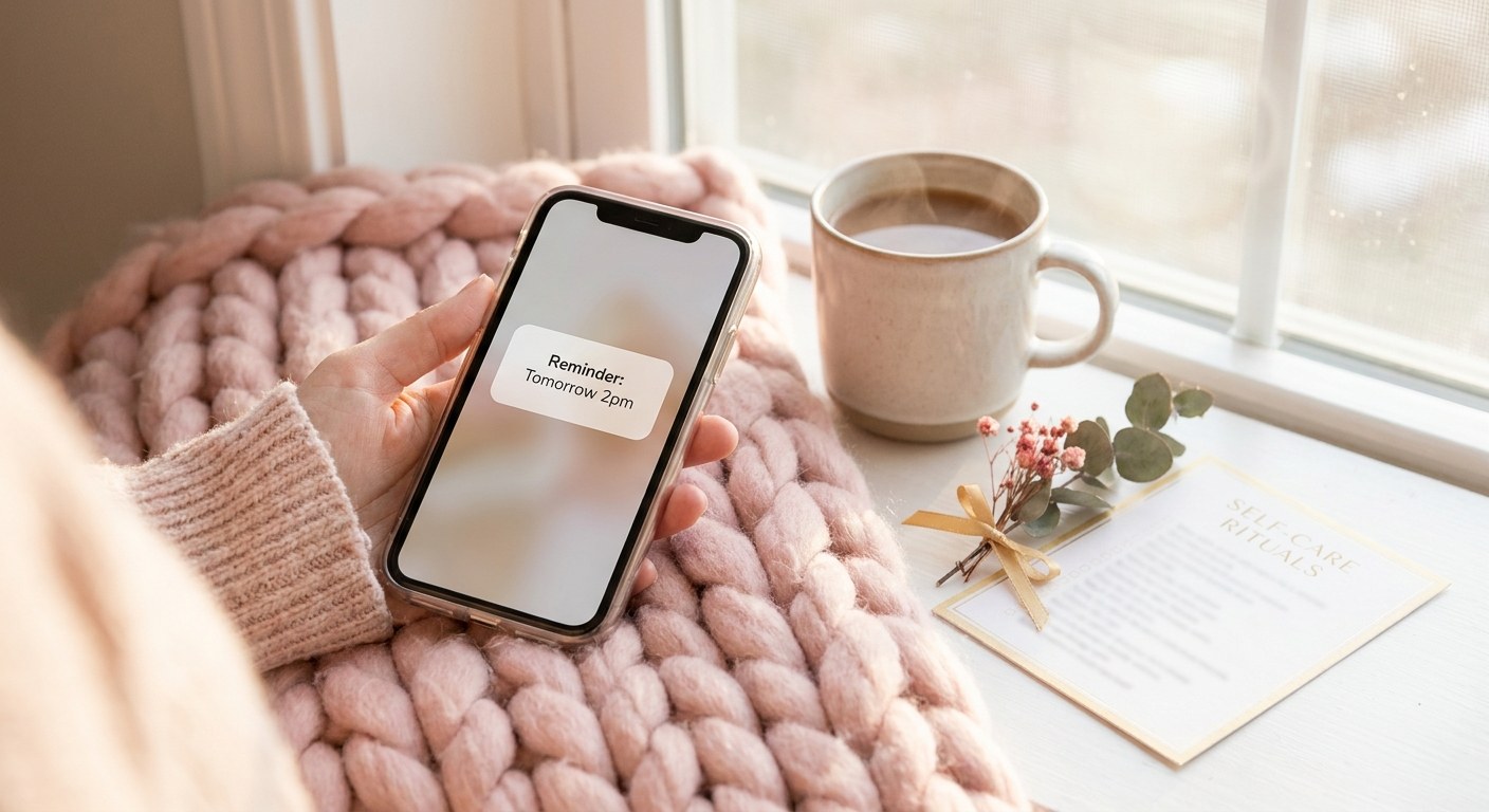 Phone showing a lash appointment reminder text notification beside a warm cup of tea