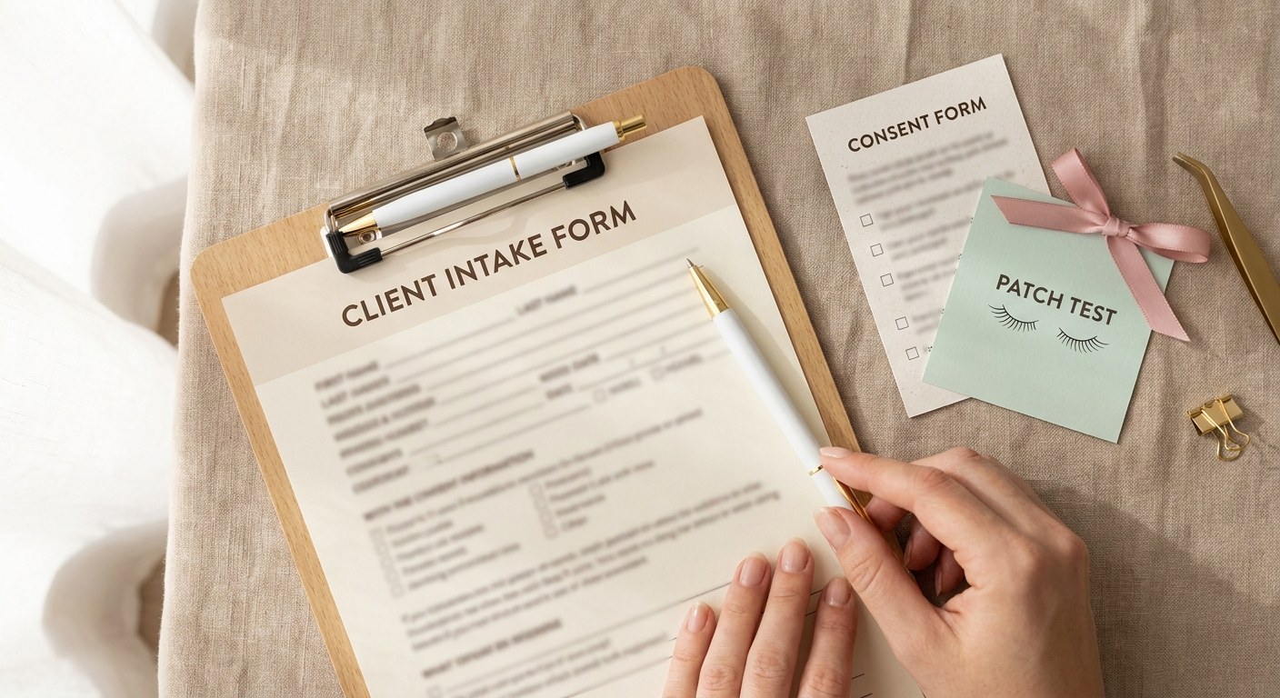 Flat lay of a lash client intake form, consent form, and patch test card on a clipboard