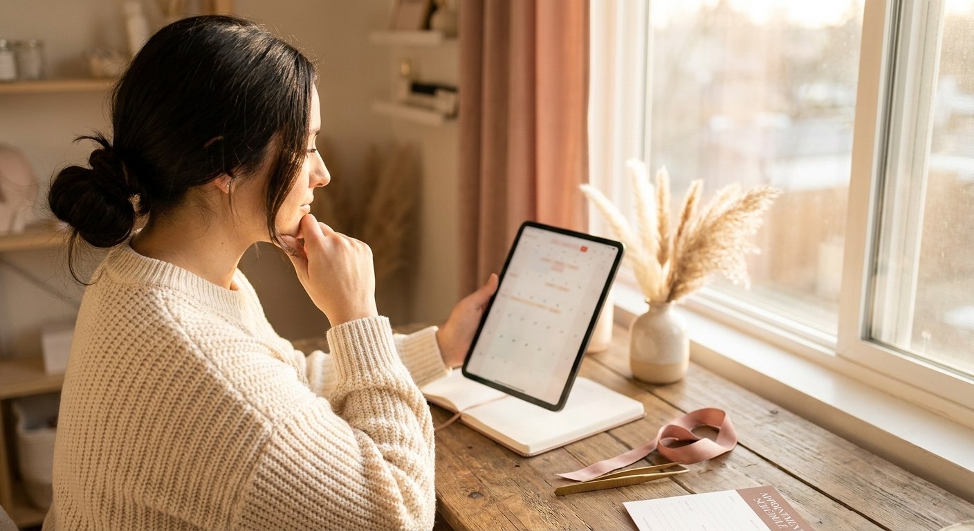 Lash technician reviewing her appointment schedule on a tablet to reduce no-shows