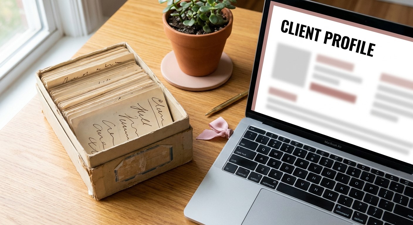 Split flat lay contrasting worn paper client cards with a digital client profile on a laptop
